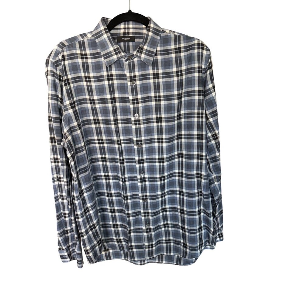 Theory Mens Blue Plaid Button-Up  Shirt Size L